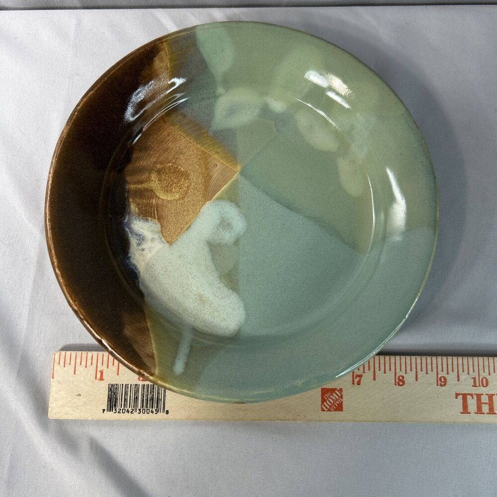 Studio Art Pottery Console Shallow Bowl Glazed Signed Aqua Tan Rustic Beachy 9”
